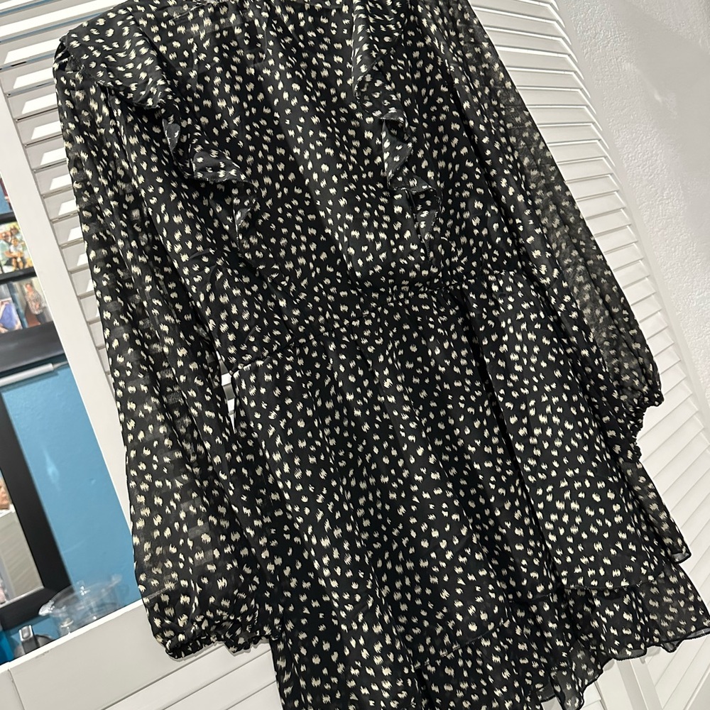 Black Printed Ruffle Long Sleeve Mini Dress